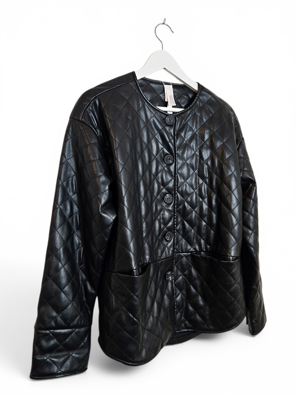 MarlaWynne Jacket S WynneCollection Quilted Faux Leather Collarless Topper Black